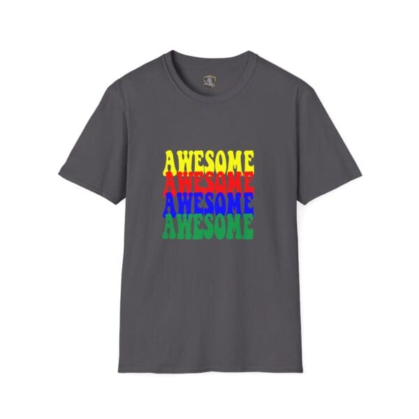 Awesome Shirt in gray featuring the word "AWESOME" repeatedly printed in yellow, red, blue, and green.