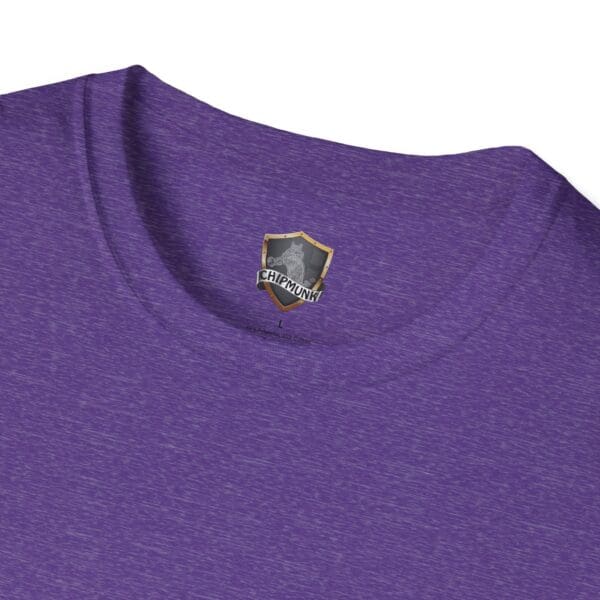 Close-up of a purple heather t-shirt collar featuring the Chipmunk brand logo tag inside from the "Just Do Your Job!" collection.