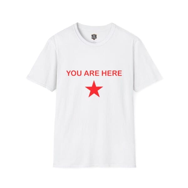 Guiding Star Tee Shirt featuring "YOU ARE HERE" text with a red star printed below it on the front.