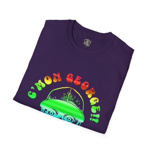 Purple t-shirt featuring a vibrant neon design of a face wearing a hat, accompanied by the text "C'mon George!!", titled the "Retro Rainbow Roadie T-Shirt".