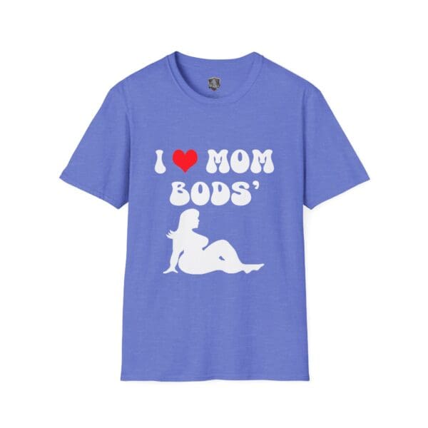 Blue T-shirt featuring a white silhouette of a woman with the text "I ❤️ Mom Bods".