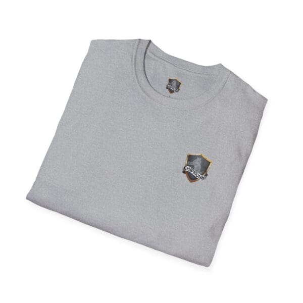 Folded Chipmunk Trucker Shirt in gray, featuring a small badge logo on the chest and a matching logo on the inside collar.