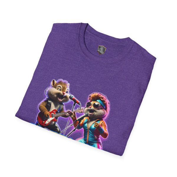 Introducing the Chipmunk Retro: a purple t-shirt showcasing two animated chipmunks. One chipmunk joyously plays a guitar while the other captivates with a microphone, both adorned in lively costumes.