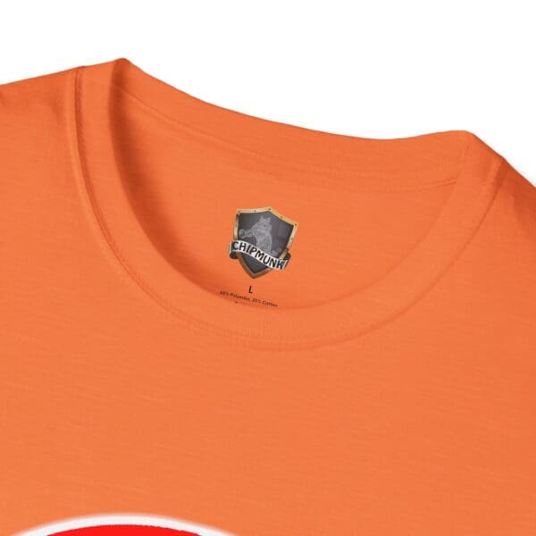 Close-up of the Emotional Support Chipmunk T-shirt in orange, featuring a round neck and an inside label with a shield logo and "Chipmunk" text.