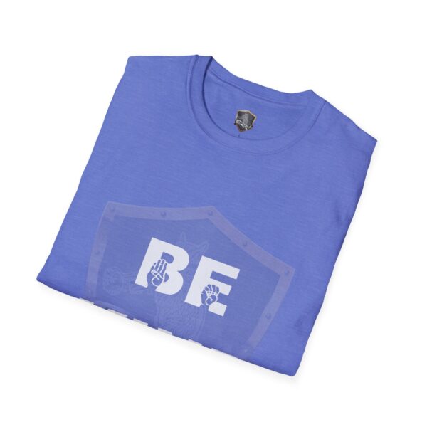 Blue T-shirt with a folded appearance, featuring a shield design and the phrase "BE" in white letters on the front, known as the Be Kind in Sign Language T-Shirt.