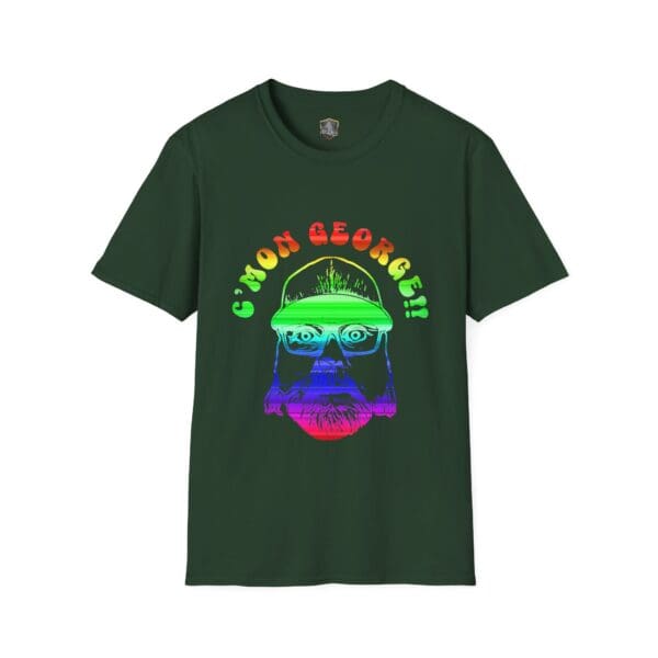 Dark green t-shirt featuring a neon-colored graphic of a bearded face with the text "C'mon George!! Retro Rainbow Roadie T-Shirt" above it.