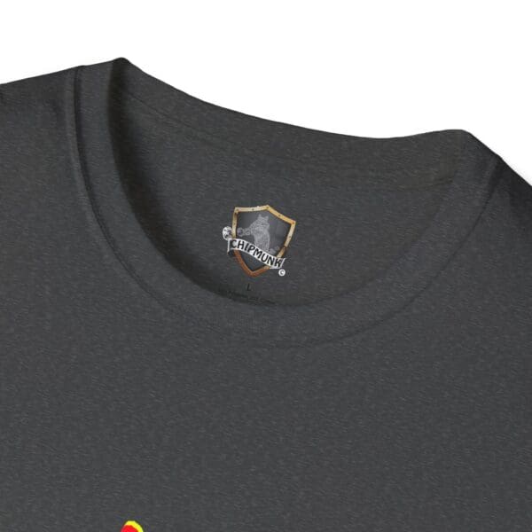 Close-up of the dark gray Chipmunk T-Shirt displaying its logo and badge inside the collar.