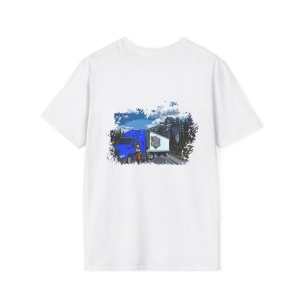 Chipmunk Trucker Shirt featuring a design of a blue truck journeying through a mountainous landscape.