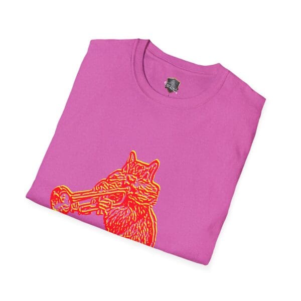 Chipmunk T-shirt featuring a graphic of a purple neon-colored cat playing a trumpet.