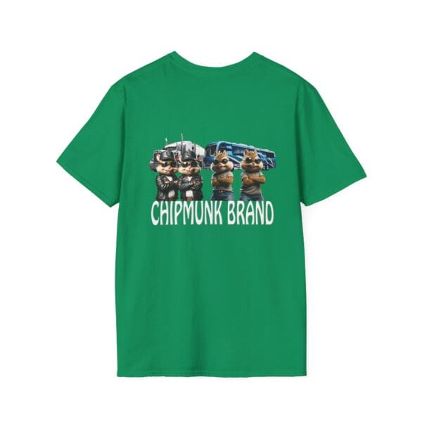 Chipmunk Family T-Shirt with animated chipmunks standing in front of a truck and the text "CHIPMUNK BRAND" below them.