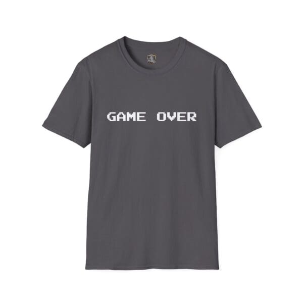 A Game Over T-Shirt featuring the phrase "GAME OVER" in pixelated white letters on a gray background.