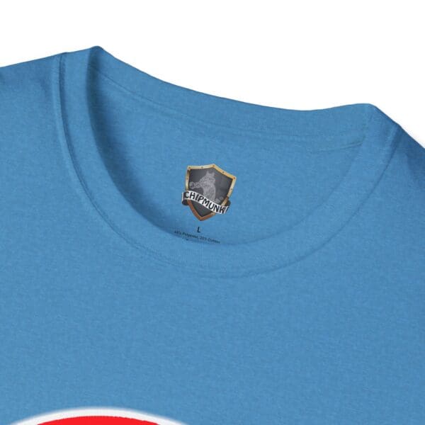 Close-up of the blue Emotional Support Chipmunk T-Shirt featuring a graphic design near the collar.