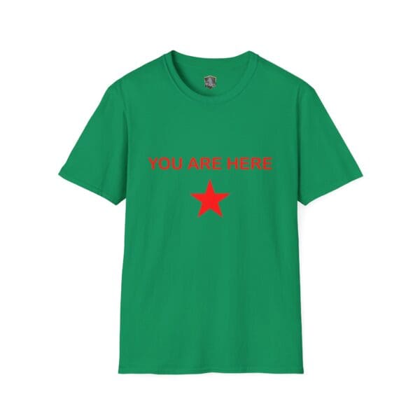 The Guiding Star Tee Shirt features a red star with the text "YOU ARE HERE" in red on the front of a green T-shirt.