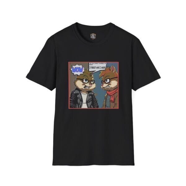 Overt Narcissism - Forgetting Myself Graphic Tee, a black t-shirt adorned with an illustrated scene of two talking raccoons in leather jackets, complete with a speech bubble saying "WOW, IT'S BEEN YEARS, I FORGOT WHO I WAS.