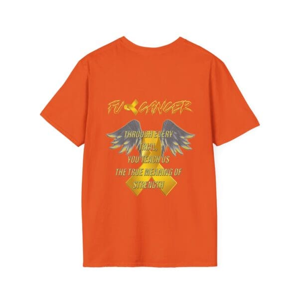 Orange T-shirt with "F Cancer" text featuring graphic wings and words emphasizing strength and resilience, known as the F Cancer Childhood Cancer Awareness T-Shirt.