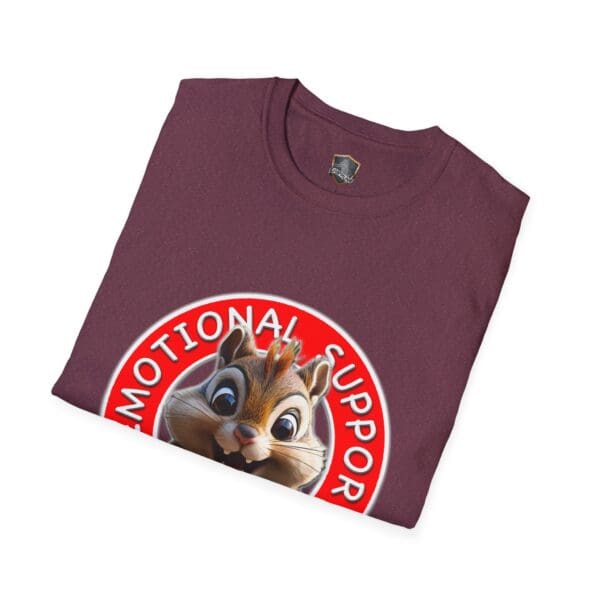 A folded maroon Emotional Support Chipmunk T-Shirt featuring a cartoon chipmunk and the text "Emotional Support" on the front.