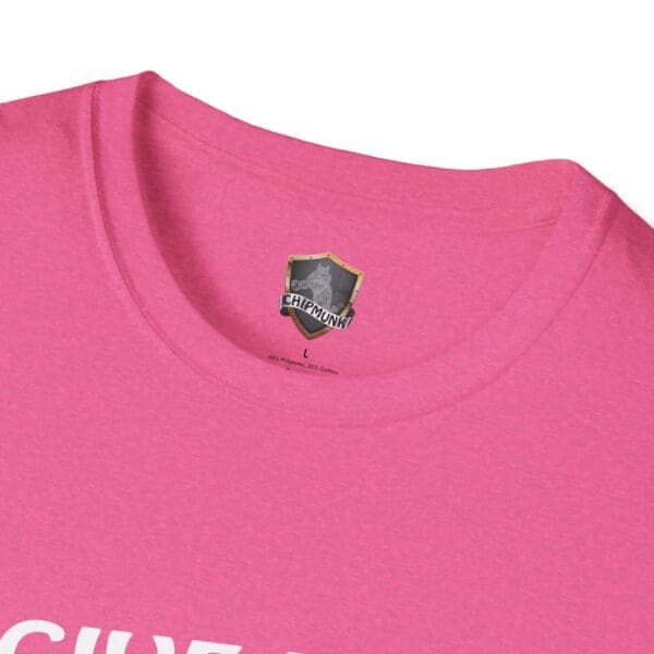 Close-up of the collar of a pink "Give Me The Tips" T-shirt showcasing the Chipmunk brand logo and size label.