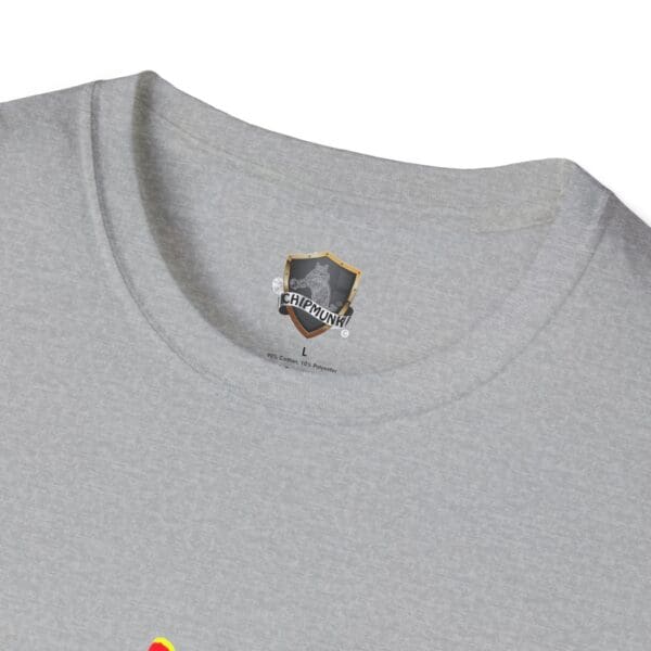 Close-up of a Chipmunk T-Shirt in grey, highlighting the inner collar with the "Chipmunk" logo, size "L," and material composition details in black text.