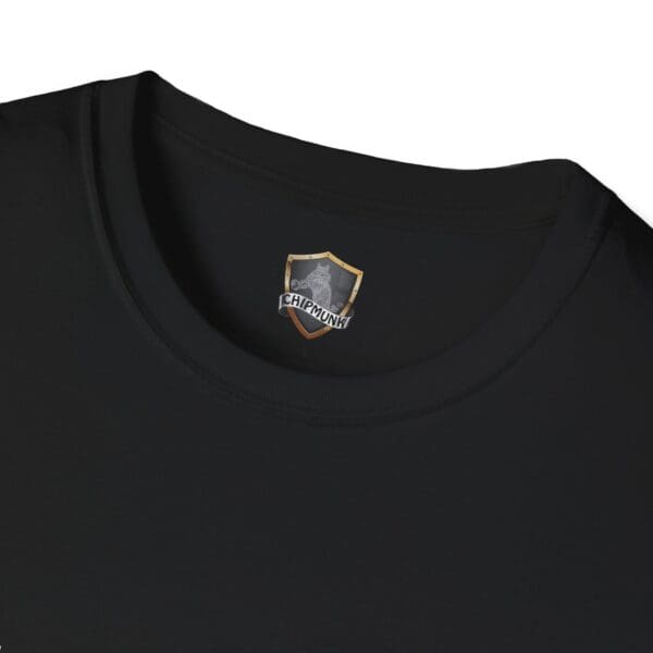 Close-up of the collar of a black Game Over T-shirt, showcasing a small shield logo with the word "CHIPMUNK" inside.