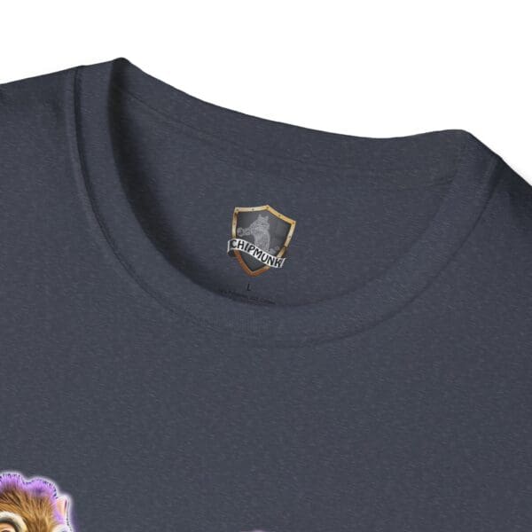 Close-up of the collar on a gray Chipmunk Retro shirt, adorned with a small crest logo and the word "Chipmunk" beneath it.