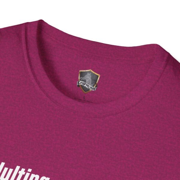 Close-up of a maroon shirt collar with the Adulting 1-Star Review T-Shirt's Chipmunk logo label.