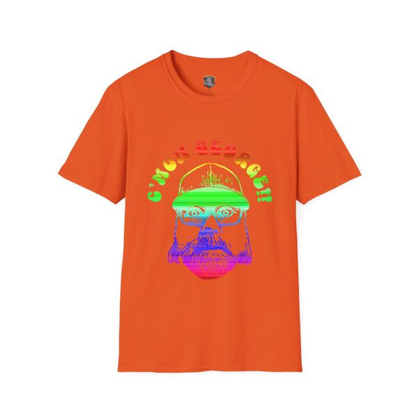 Orange t-shirt featuring a vibrant graphic of a bearded man in sunglasses and a cap, with the text "C'MON GEORGE!" displayed in rainbow colors above. Name: "C'mon George!! Retro Rainbow Roadie T-Shirt.