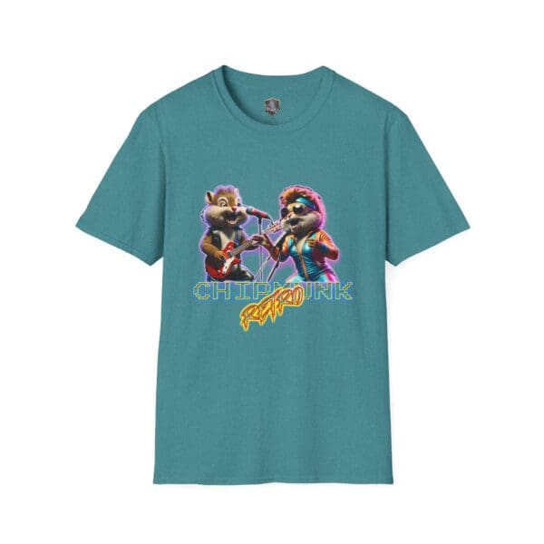 Teal t-shirt called "Chipmunk Retro" featuring two cartoon chipmunks playing guitars, with the text "Chipmunk Rock" in colorful font below.