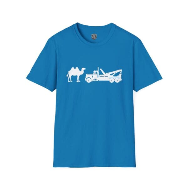 Camel Tow T-shirt in blue, showcasing a white silhouette of a camel and a tow truck.