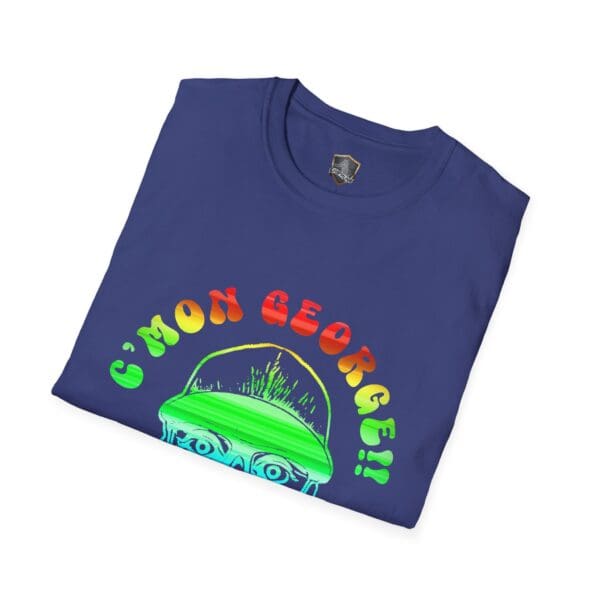 Navy blue "C'mon George!! Retro Rainbow Roadie T-Shirt" featuring a vibrant graphic with a partial face wearing a cap.