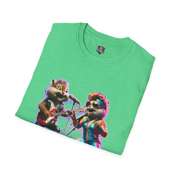 The Chipmunk Retro is a folded green t-shirt showcasing cartoon chipmunks playing electric guitars and singing, dressed in colorful outfits and sunglasses.