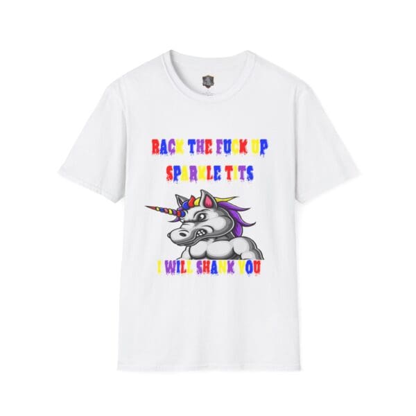 Colorful Angry Unicorn Tee showcasing a vibrant cartoon unicorn and a striking, colorful text message.