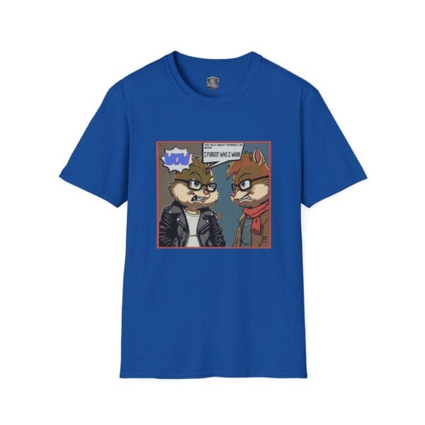 Graphic on the Overt Narcissism - Forgetting Myself Graphic Tee: Two cartoon animals wearing jackets engage in conversation. One exclaims "Wow," while the other replies, "Oh, you actually thought...? Forget who I was." Speech bubbles appear above them.