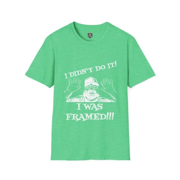 George the Roadie's Iconic Icebreaker T-Shirt in green, featuring a white illustration of a man raising his hands alongside the text "I DIDN'T DO IT! I WAS FRAMED!!!