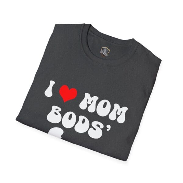 A black "I ❤️ Mom Bods" t-shirt featuring folded white text.