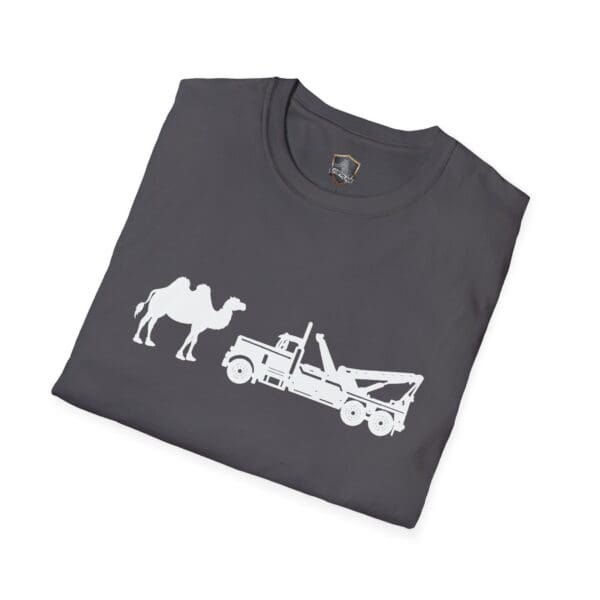 Camel Tow T-shirt featuring white illustrations of a tow truck and a camel.