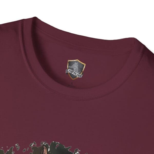 Close-up of the collar of a maroon OG Chipmunk T-Shirt featuring a Chipmunk brand label.