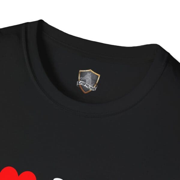 Black T-shirt neckline with a small shield logo labeled "I ❤️ Mom Bods" at the inner collar.