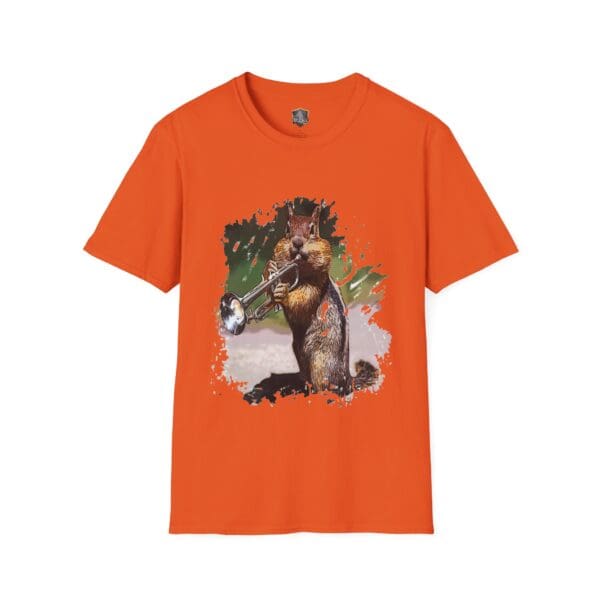 Presenting the OG Chipmunk T-Shirt: a vibrant orange t-shirt showcasing a squirrel joyfully playing a trumpet against a dynamic, painted backdrop.