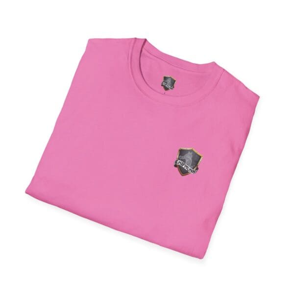 Chipmunk Family T-Shirt in pink, featuring a small black and gold shield emblem, folded neatly.