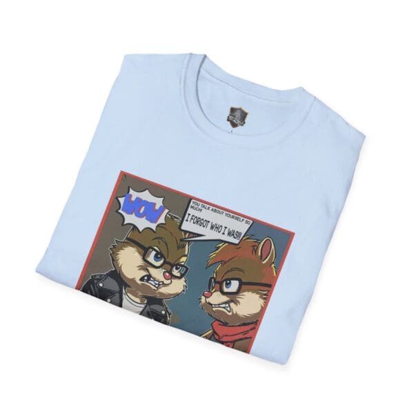 Light blue tee with a comic-style design of cartoon chipmunks, titled "Overt Narcissism - Forgetting Myself Graphic Tee," where one chipmunk exclaims, "Wow!" and the other responds, "You talk about yourself a lot. I forgot who I was.