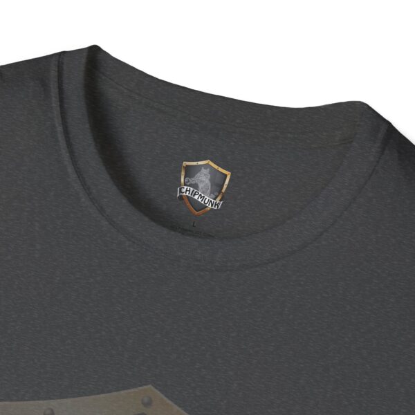 Close-up of a dark gray Be Kind in Sign Language T-shirt neckline, displaying a shield-shaped logo with the text "Chipmunk" beneath a small chipmunk image.