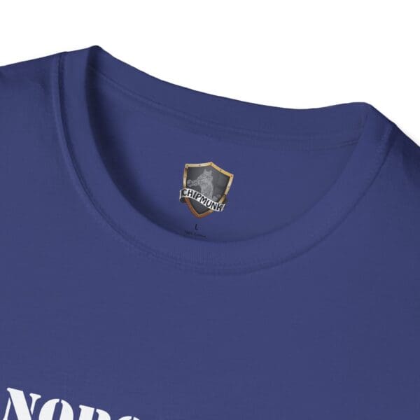 Close-up of a "Nobody Is Perfect" statement t-shirt in blue featuring a Chipmunk brand label inside the collar.