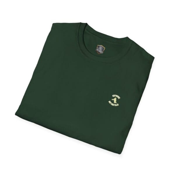 A folded Chipmunk Bobber T-Shirt in dark green, featuring a small yellow graphic and text on the upper left side.