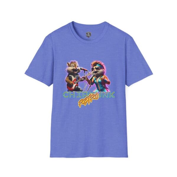 A blue T-shirt named "Chipmunk Retro," showcasing cartoon chipmunks playing electric guitars with the text "Chipmunk Play" in neon colors.