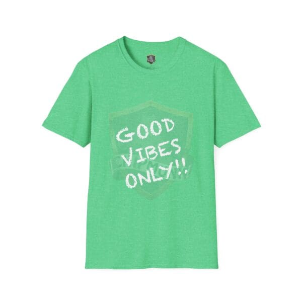 Green "Good Vibes Only" t-shirt with a printed message on the front.