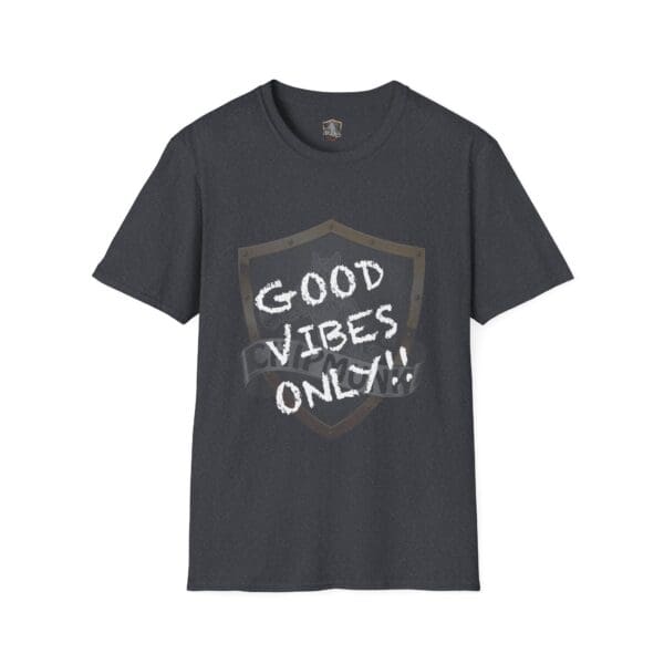 Dark gray Good Vibes Only Shirt featuring a shield graphic with "GOOD VIBES ONLY" in white text.