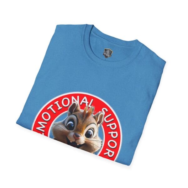 Emotional Support Chipmunk T-Shirt featuring a blue design with a cartoon chipmunk graphic inside a red circle.