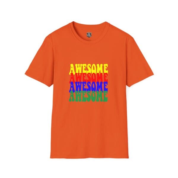 Awesome Shirt in orange, featuring the word "AWESOME" repeated four times in yellow, red, blue, and green text.