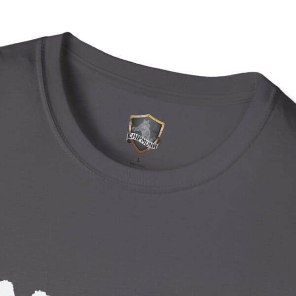 Close-up of a gray t-shirt with a Camel Tow brand label on the inside neck area.