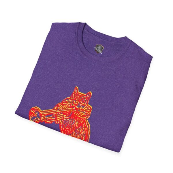 Chipmunk T-Shirt featuring a purple design with a vibrant illustration of a cat playing a trumpet.